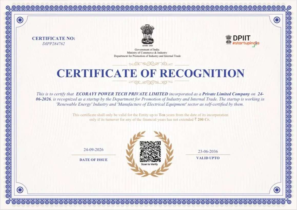DPIIT Certificate of Recognition issued to Ecorayy Power Tech Private Limited, certificate number DIPP284762, valid up to 23 June 2036.