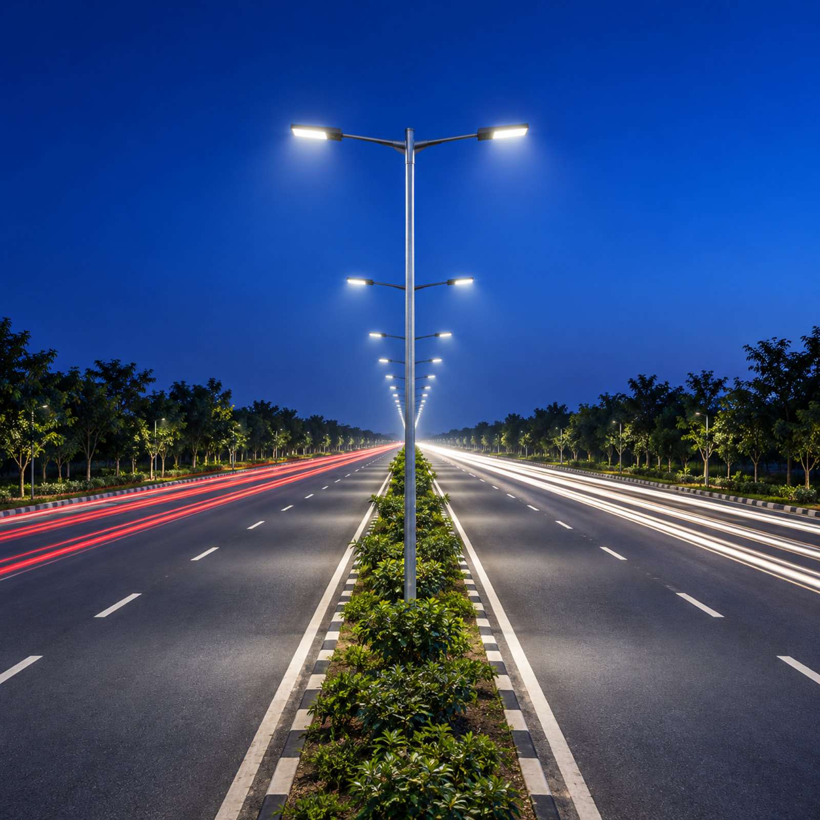 A highway lit by a long row of LED street lights at dusk.
