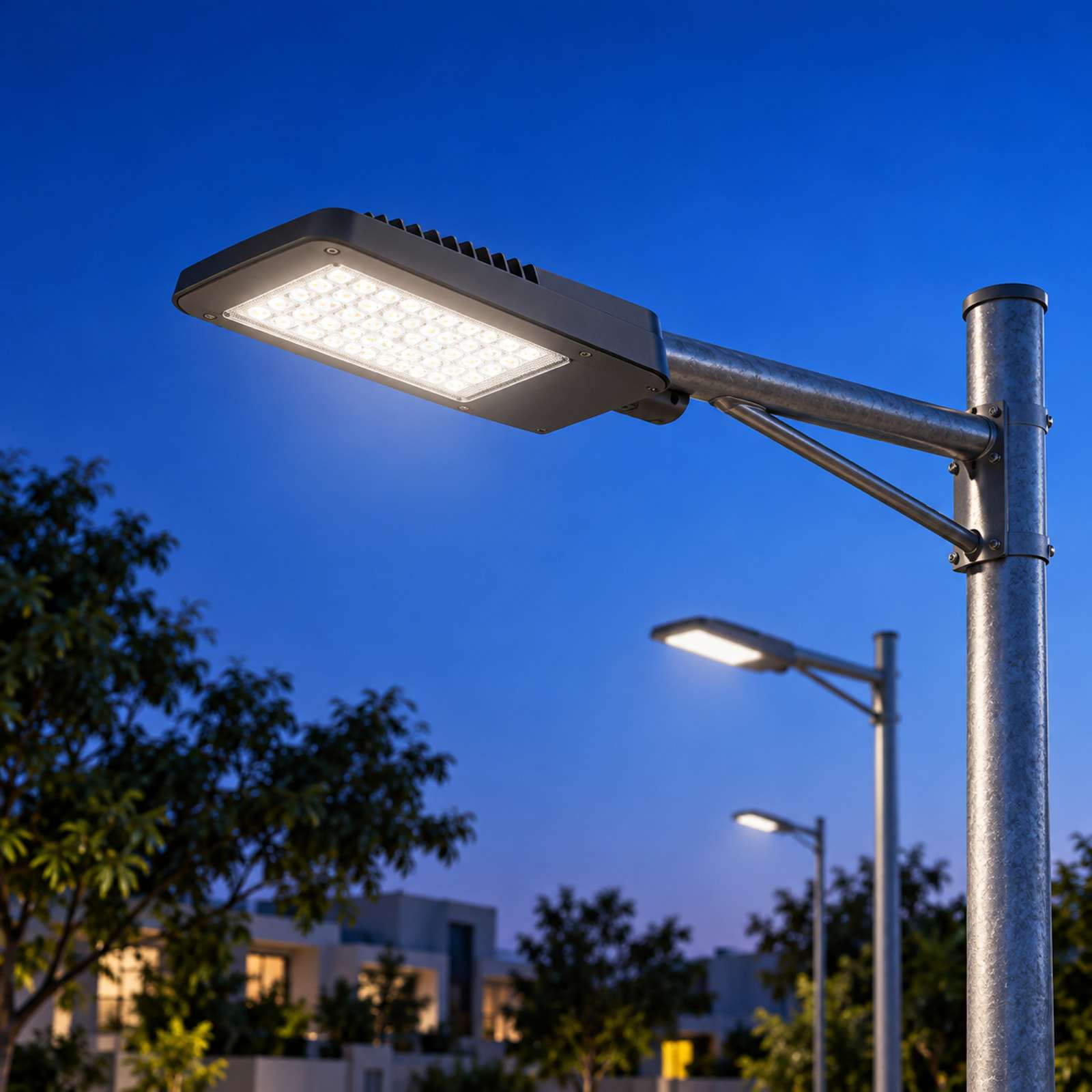 Close-up of an LED street light glowing at dusk.