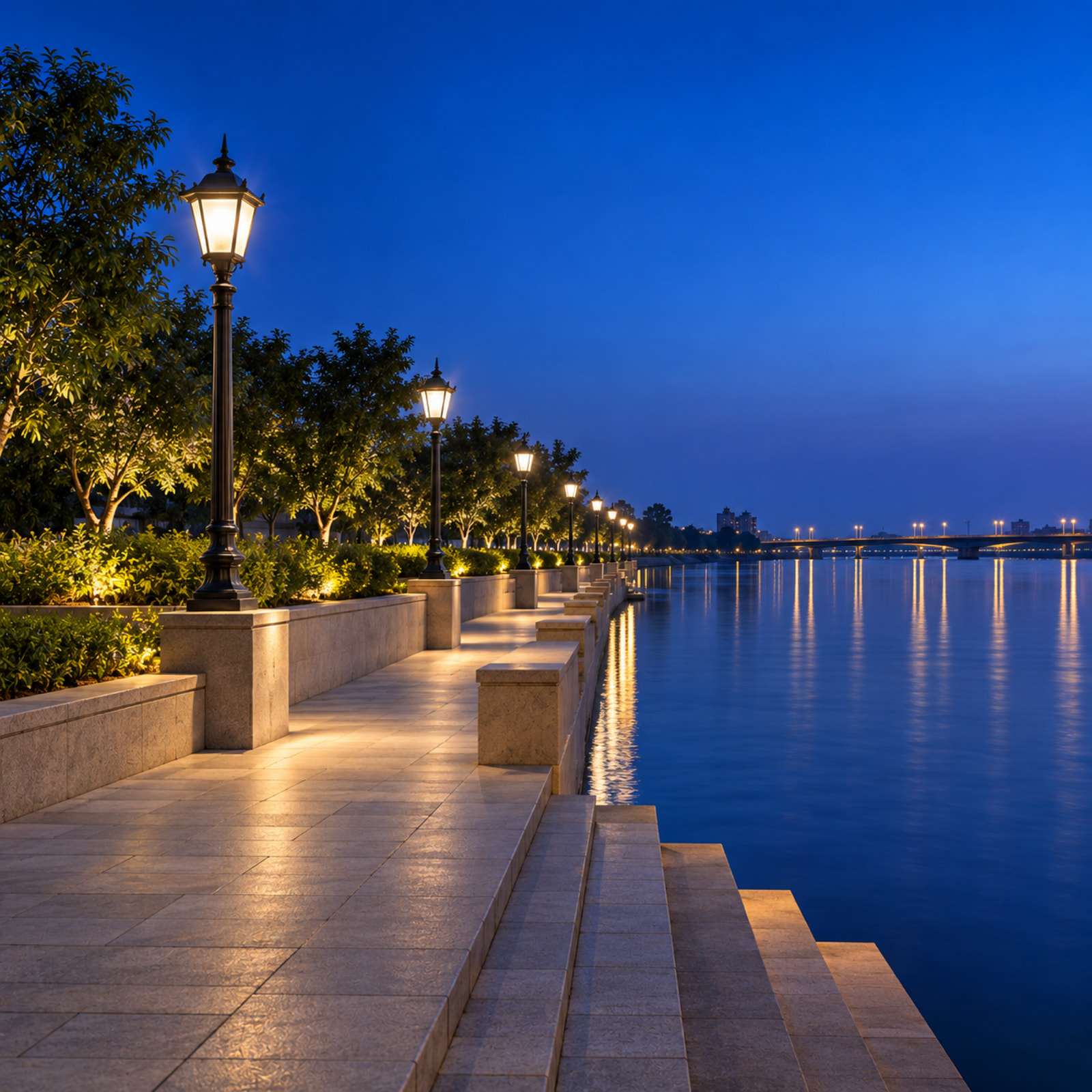 Decorative lamp posts lighting a riverside walkway at dusk.