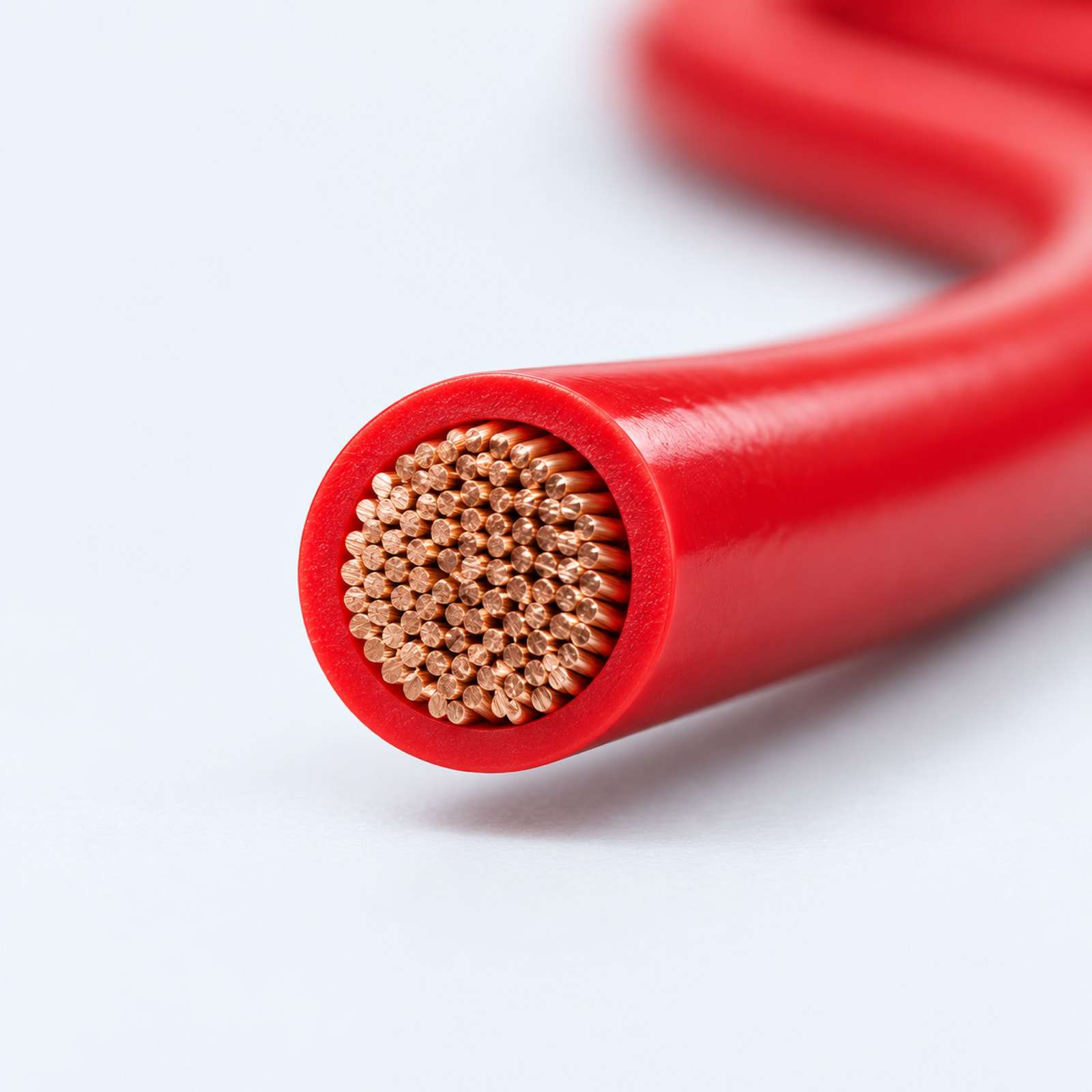 Cross-section of a red house wire showing copper strands