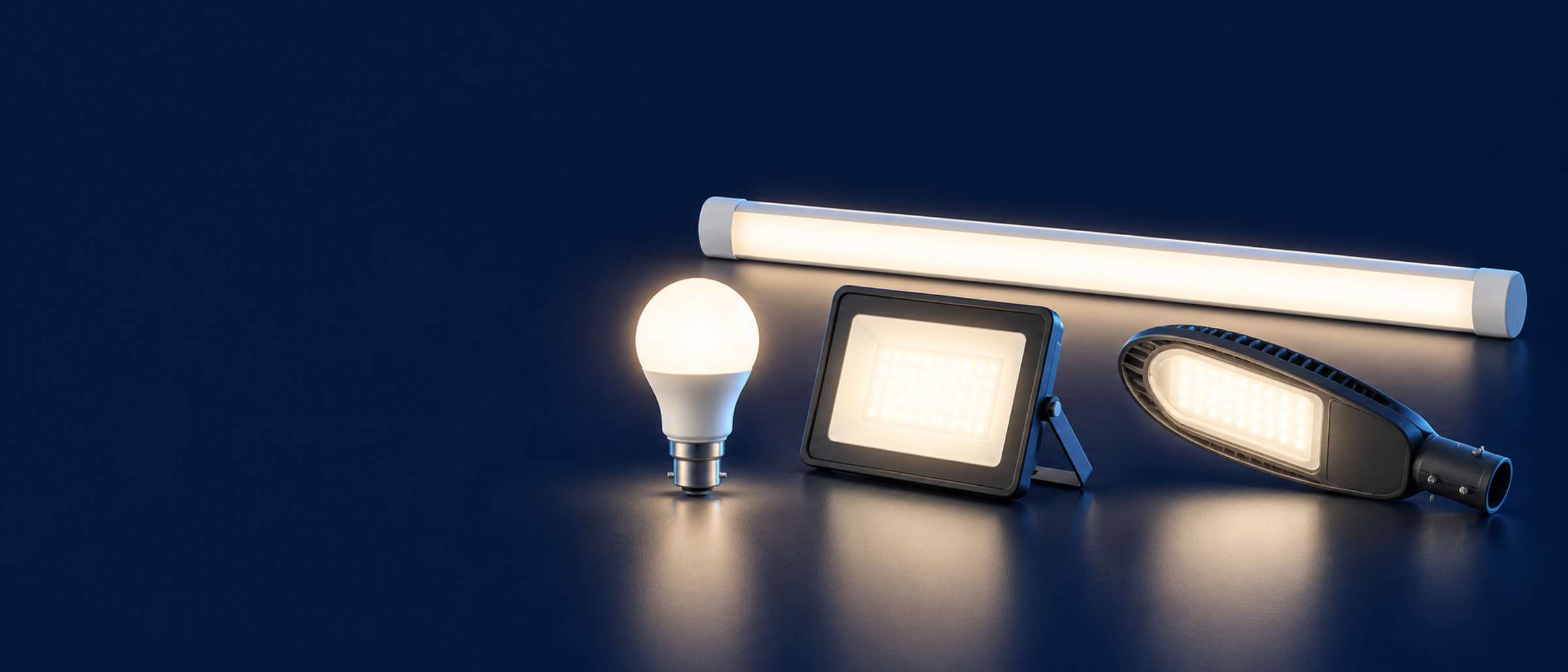 LED bulb, batten, flood light and street light, all switched on against a dark background.