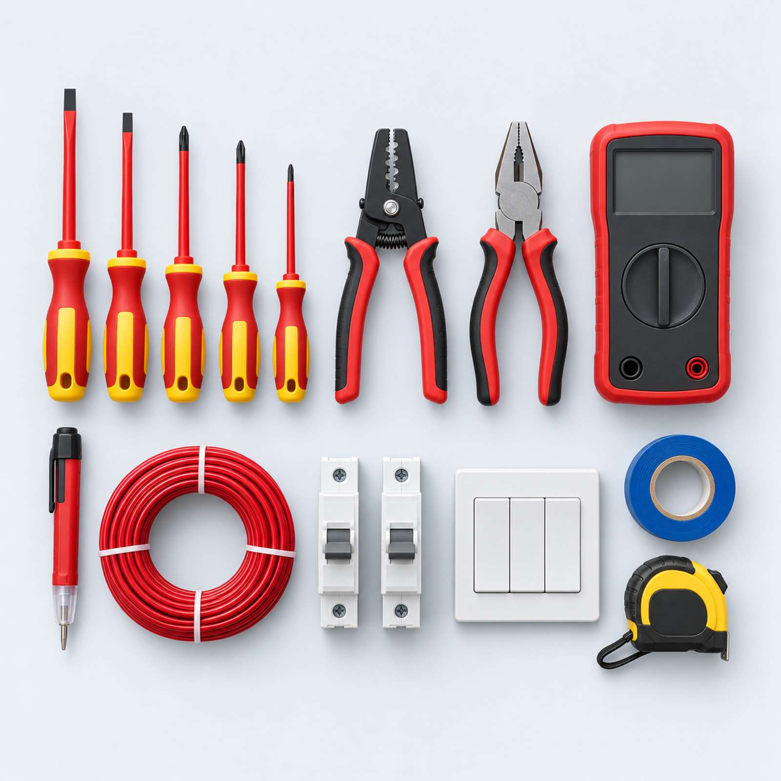 An electrician’s tools neatly arranged on a table.