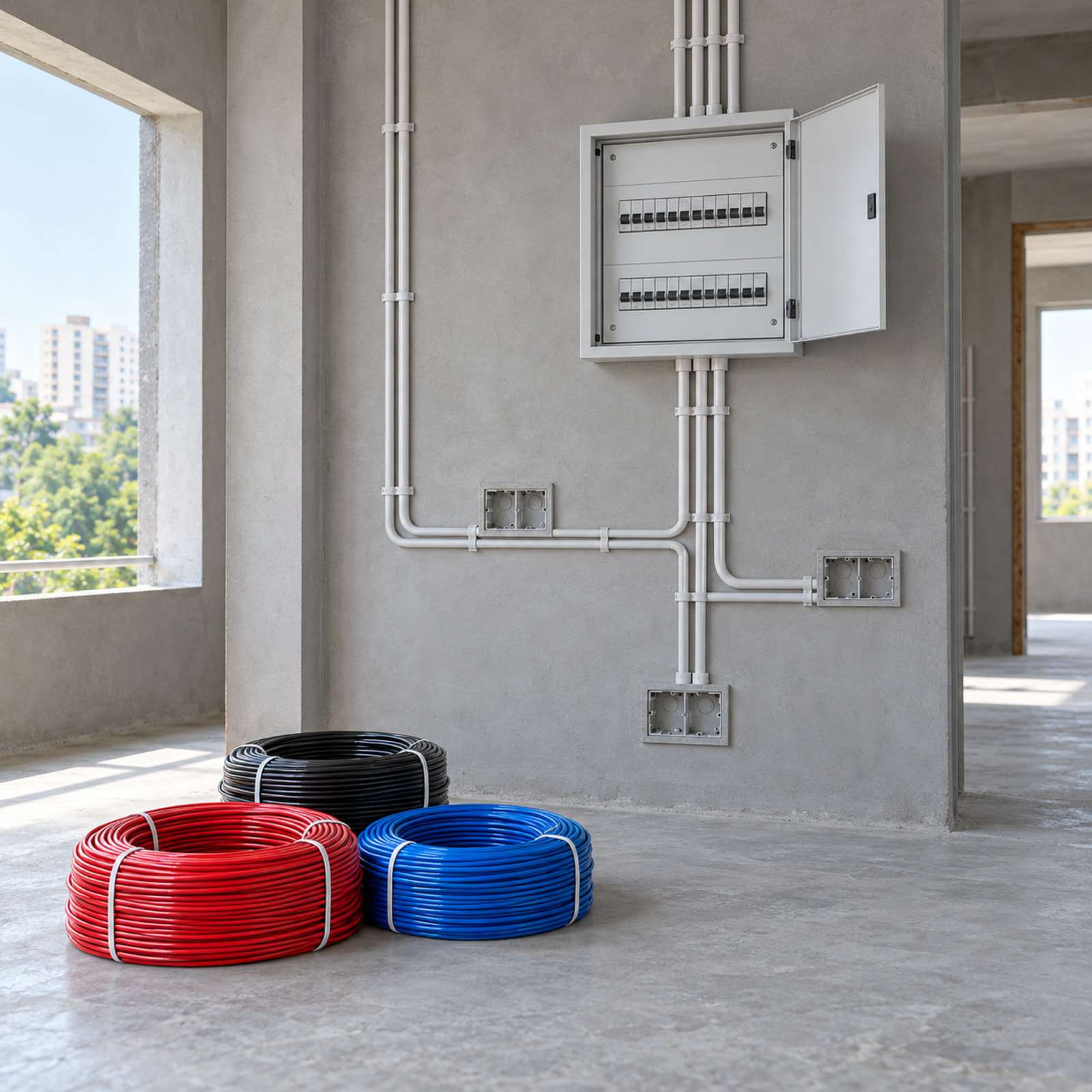 Wire coils and a distribution board on a building site.