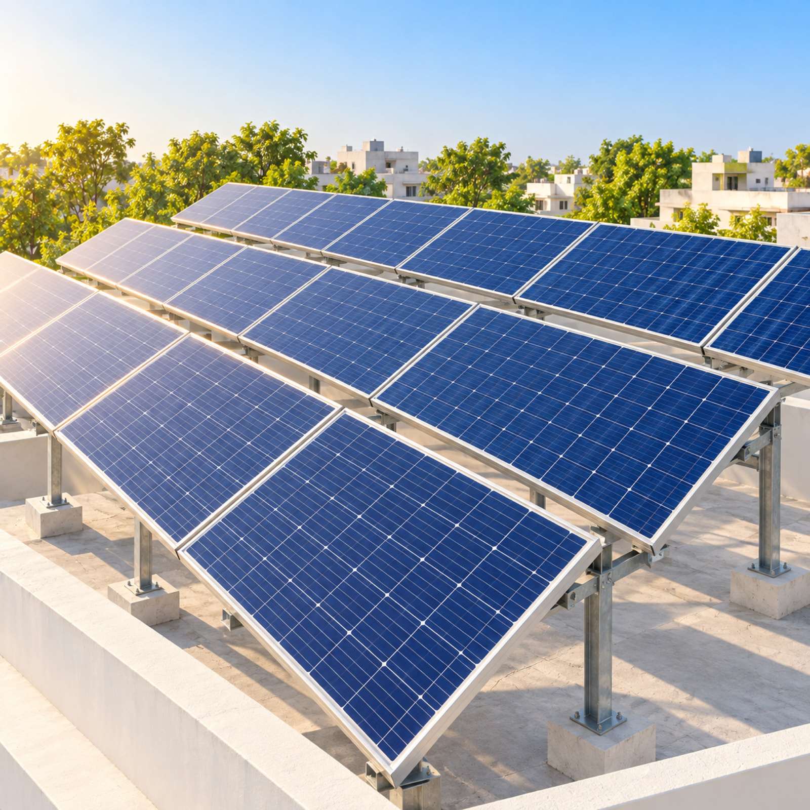 Rows of rooftop solar panels in morning light.