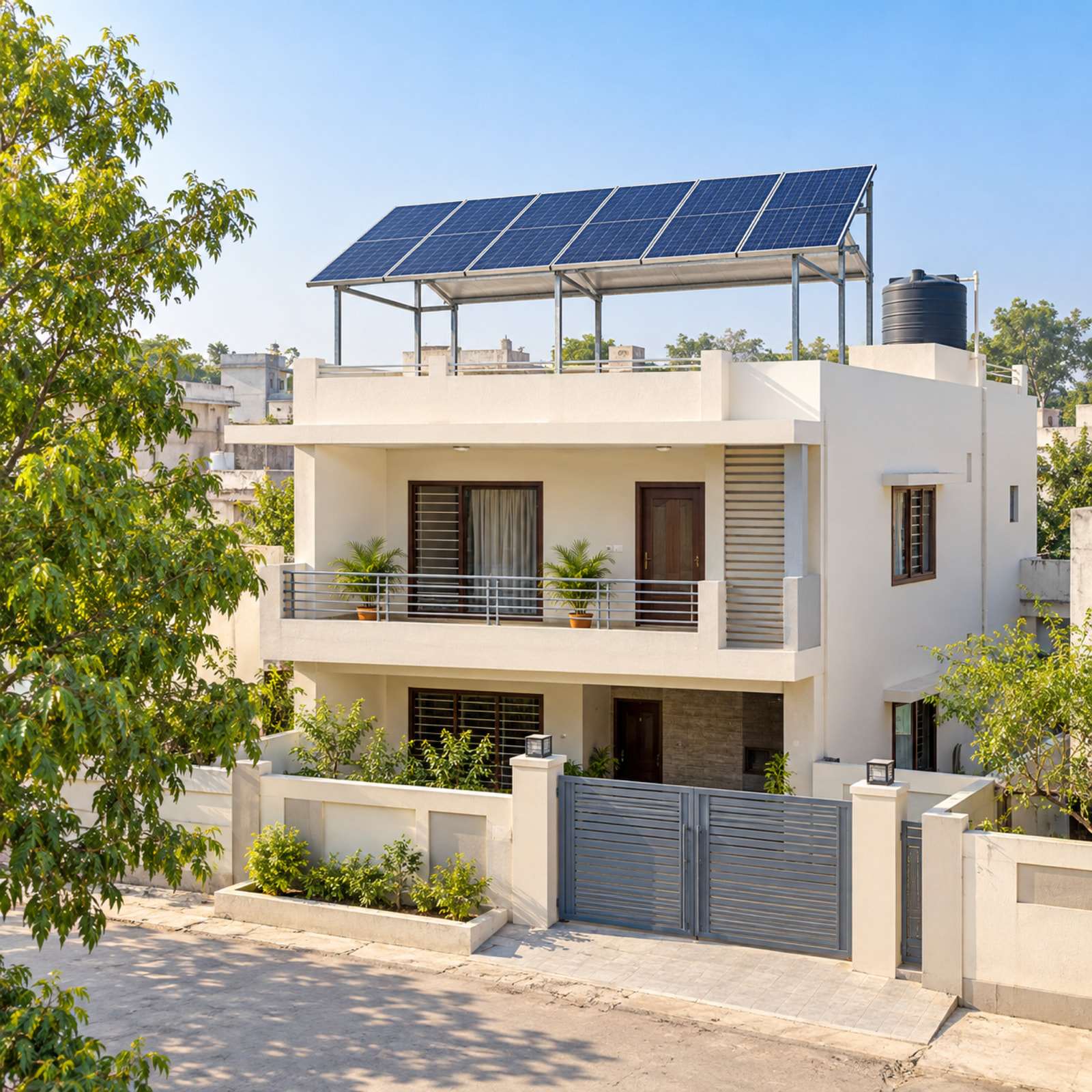A two-storey house with solar panels on an elevated frame on its roof.