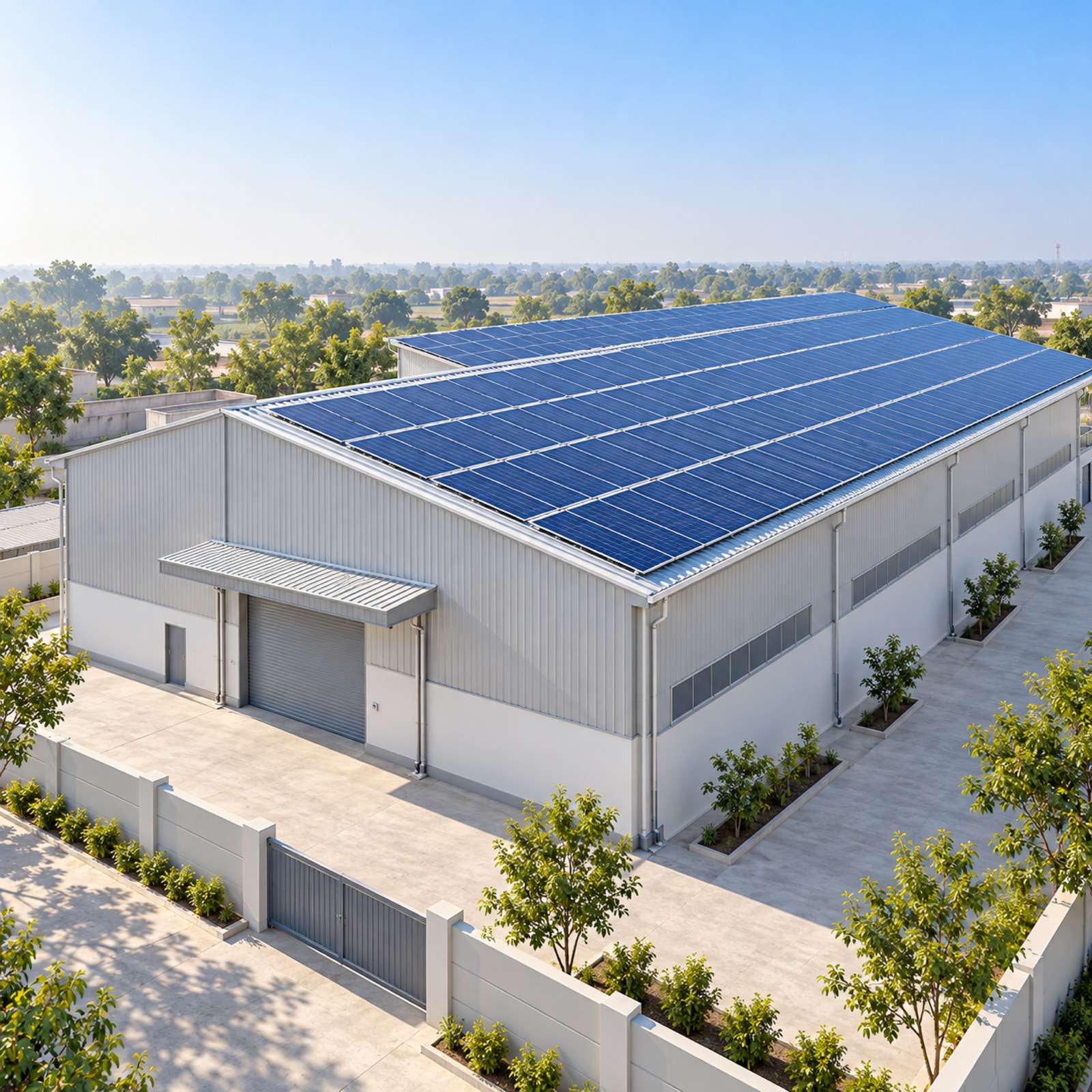 Solar panels covering the roof of an industrial building.