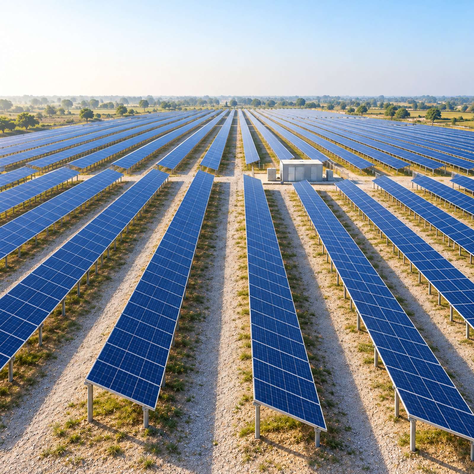 Aerial view of rows of ground-mounted solar panels.